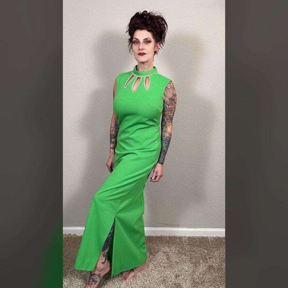 60s Bright Green Maxi Sheath Column Dress Rhinestone MCM Mod Rockabilly Pinup M - Picture 2 of 15